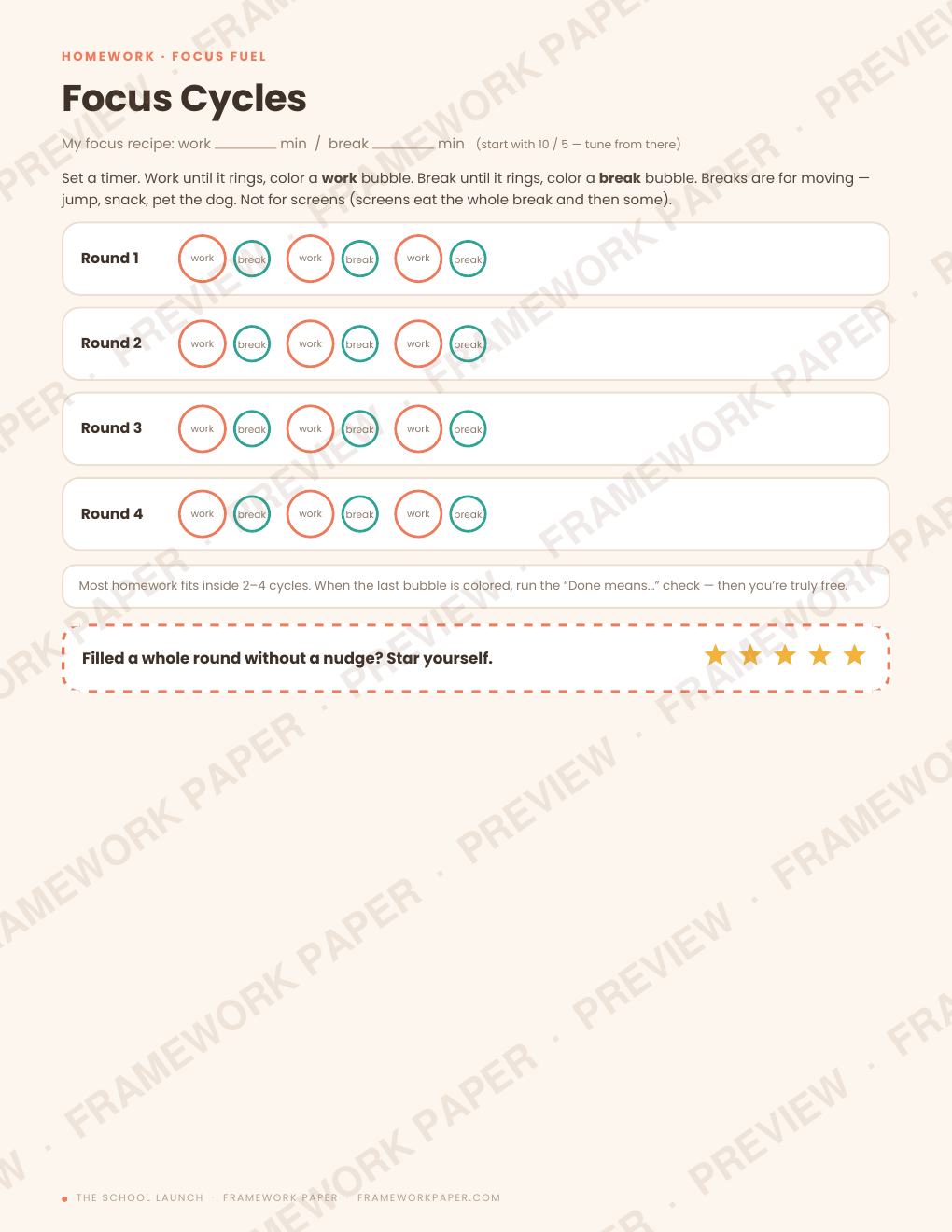 Focus Cycles homework worksheet