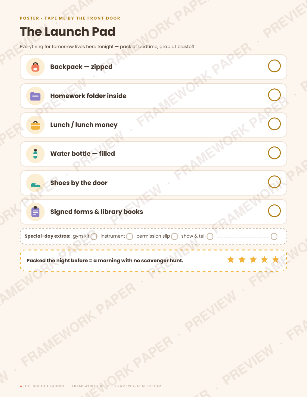 The Launch Pad — night-before checklist poster