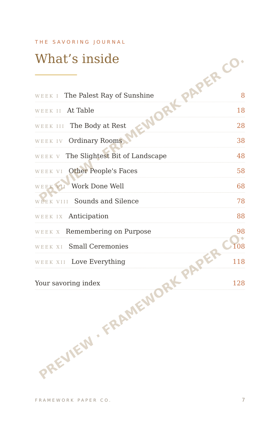 Table of contents — the twelve weekly themes